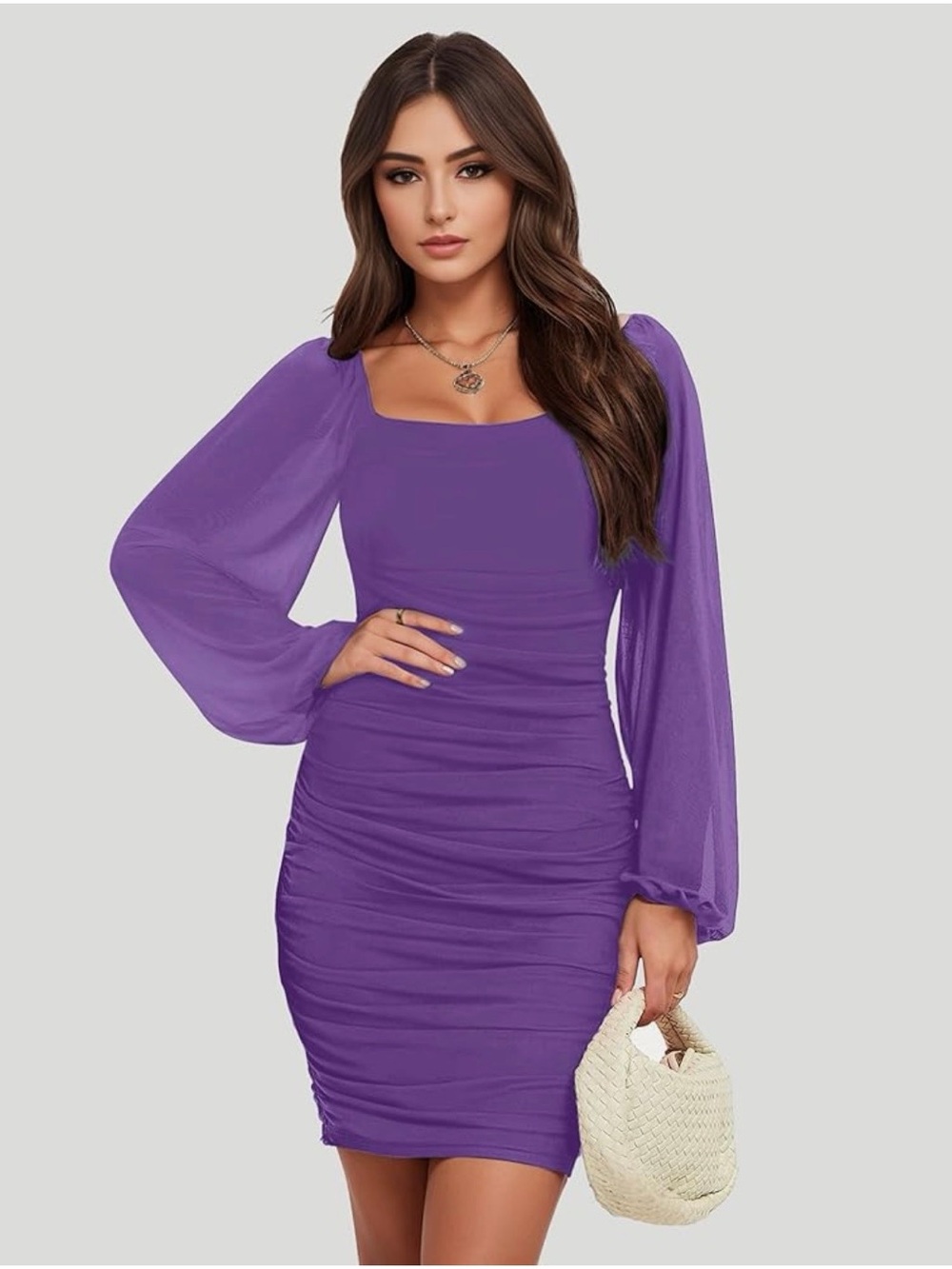 Macy's, Ladies  lilac Square-Neck Ruched Mini Dress with Sheer Bishop Sleeves XL